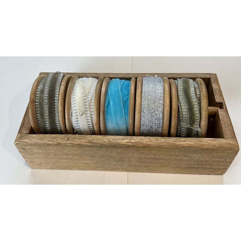 Wooden Box Ribbon Trim Dispenser Storage Rustic 5 Spool